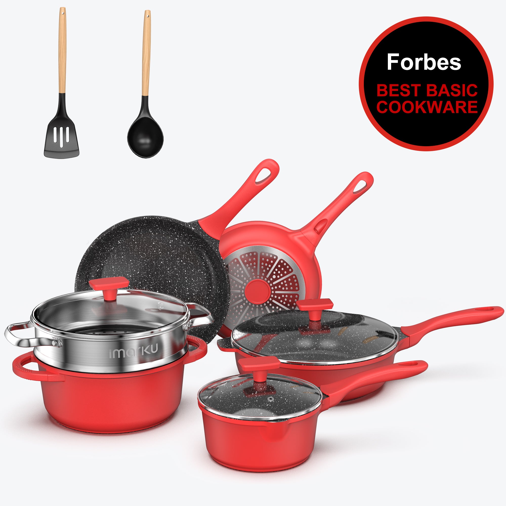 11PCs Red Nonstick Cookware Set & 14 PCs Knife Set Bundle