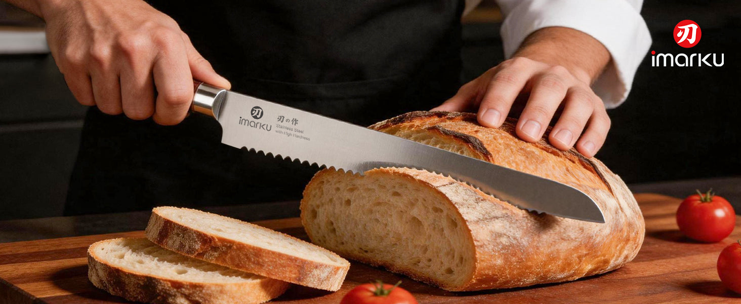 Imarku serrated bread knife cutting artisan loaf