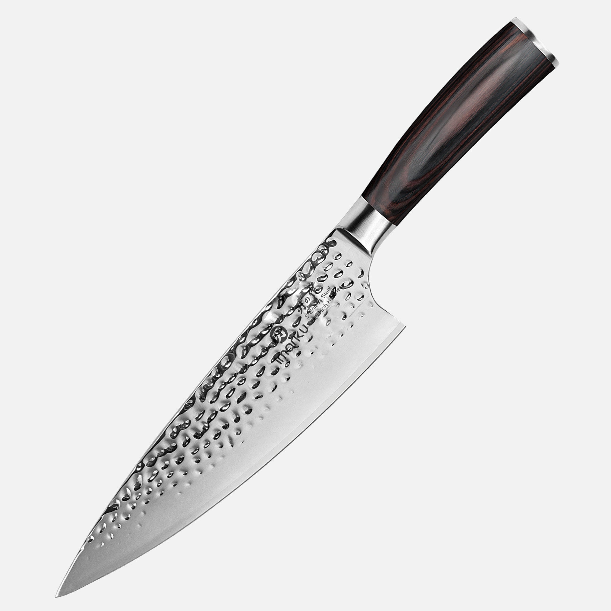 chef knife with wooden handle and hammered texture
