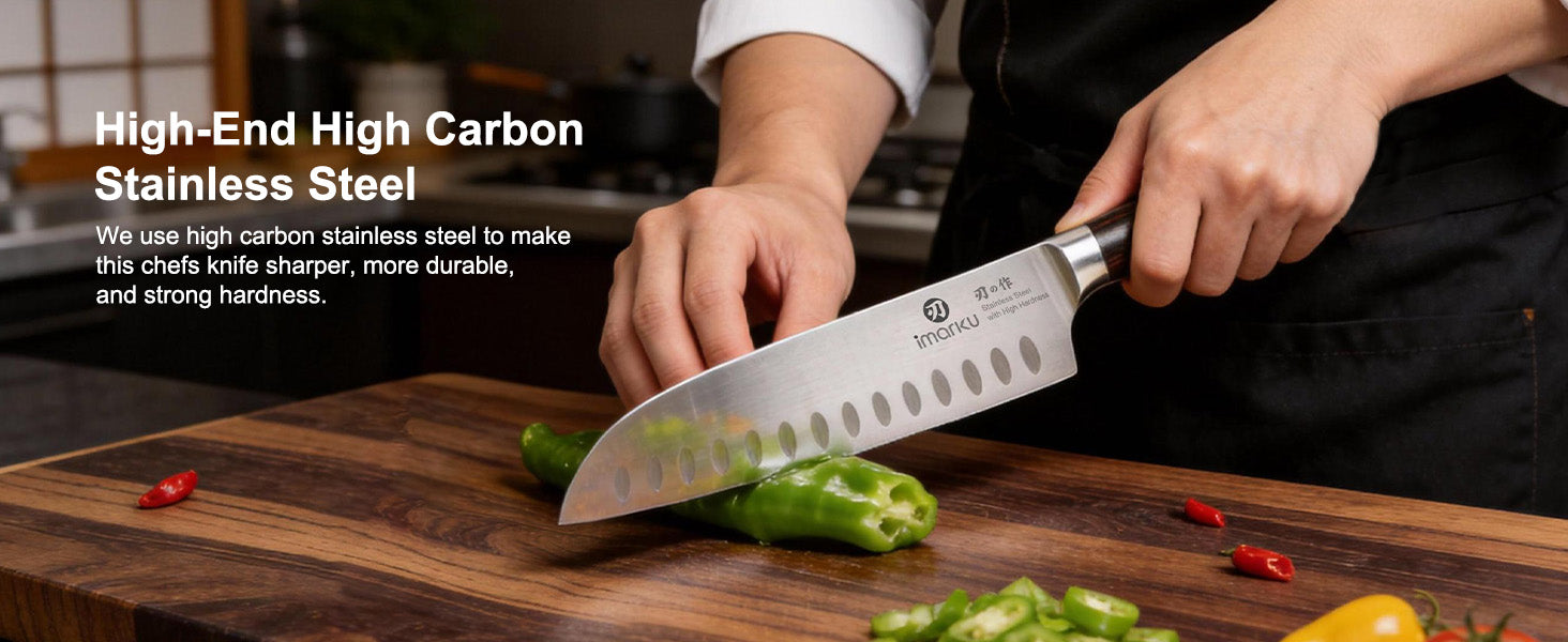 Imarku high carbon santoku knife slicing green pepper