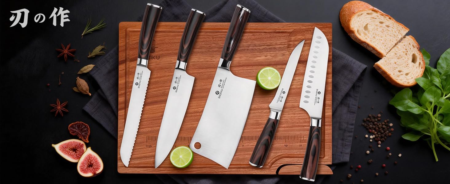 Complete Imarku kitchen knife set on wooden cutting board