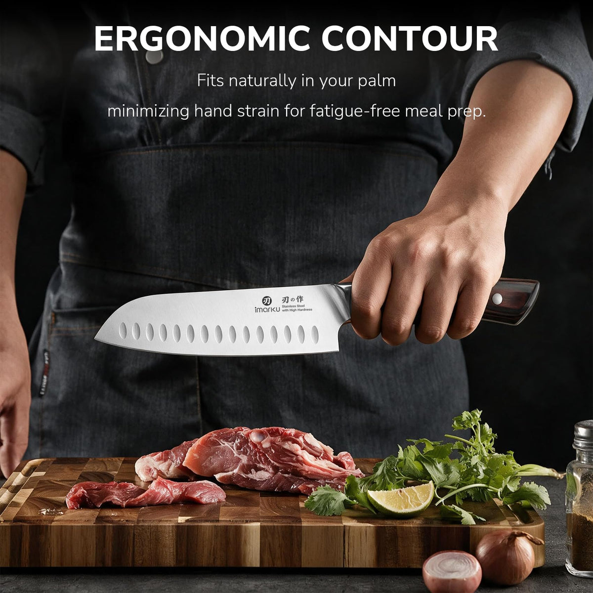 Imarku santoku knife ergonomic contour Pakkawood handle, comfortable grip for long time food prep