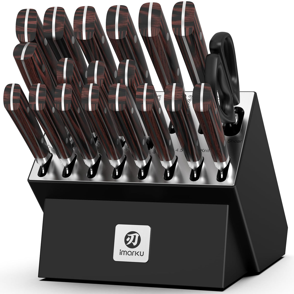 Imarku 20-piece kitchen knife set with black wooden block, Pakkawood handles