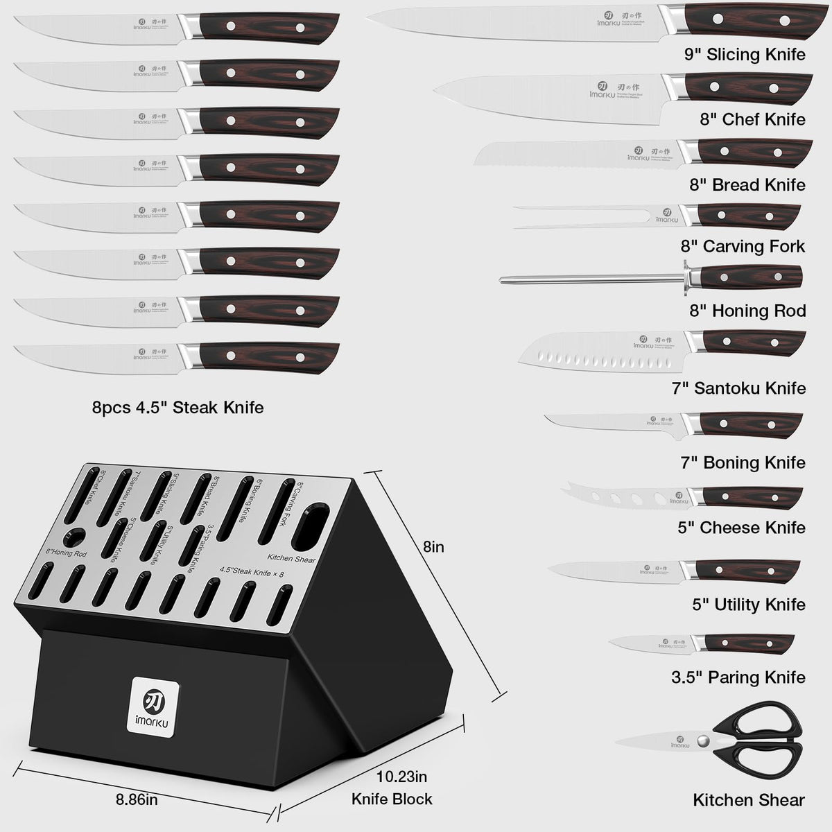 Imarku 20pcs knife set specification chart, knife types and block size