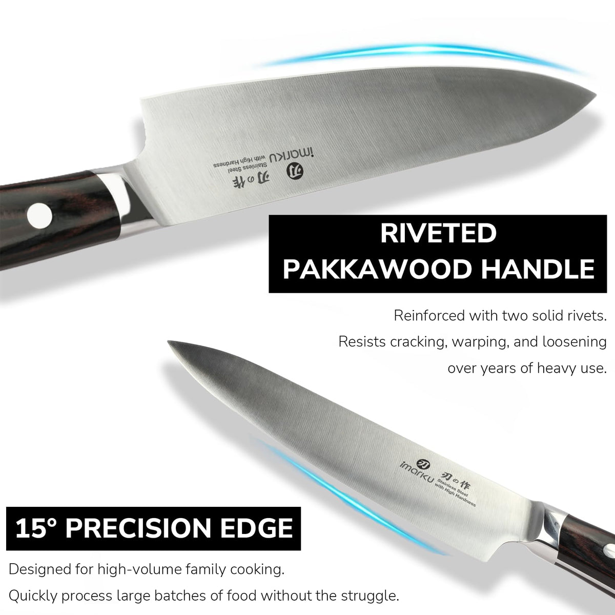 Imarku knife features, 15 degree precision edge and riveted Pakkawood handle