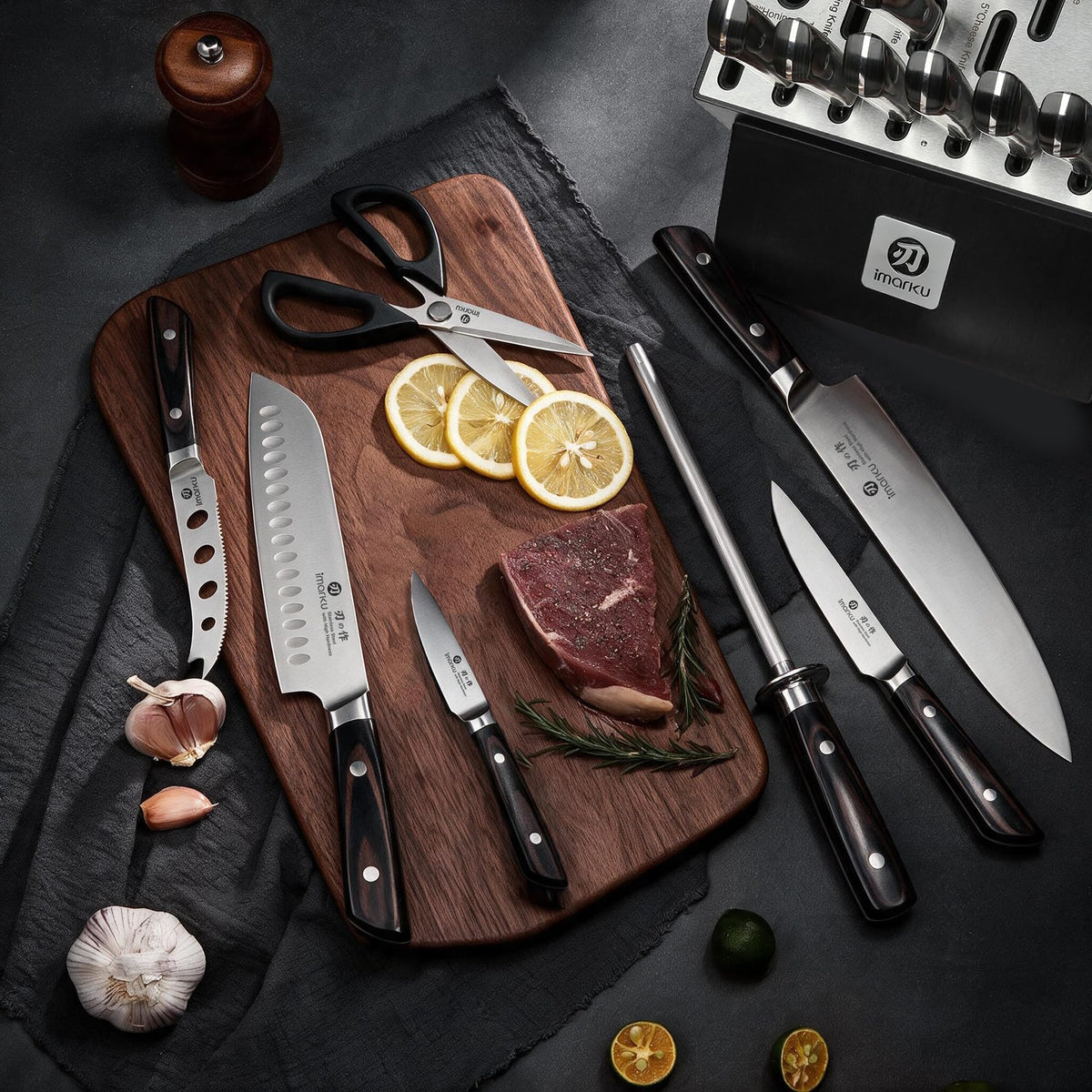Imarku kitchen knife set on wooden cutting board, chef santoku boning knife