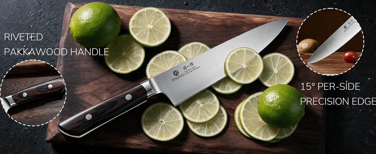 Imarku chef knife with riveted Pakkawood handle, 15 degree per side precision sharp edge