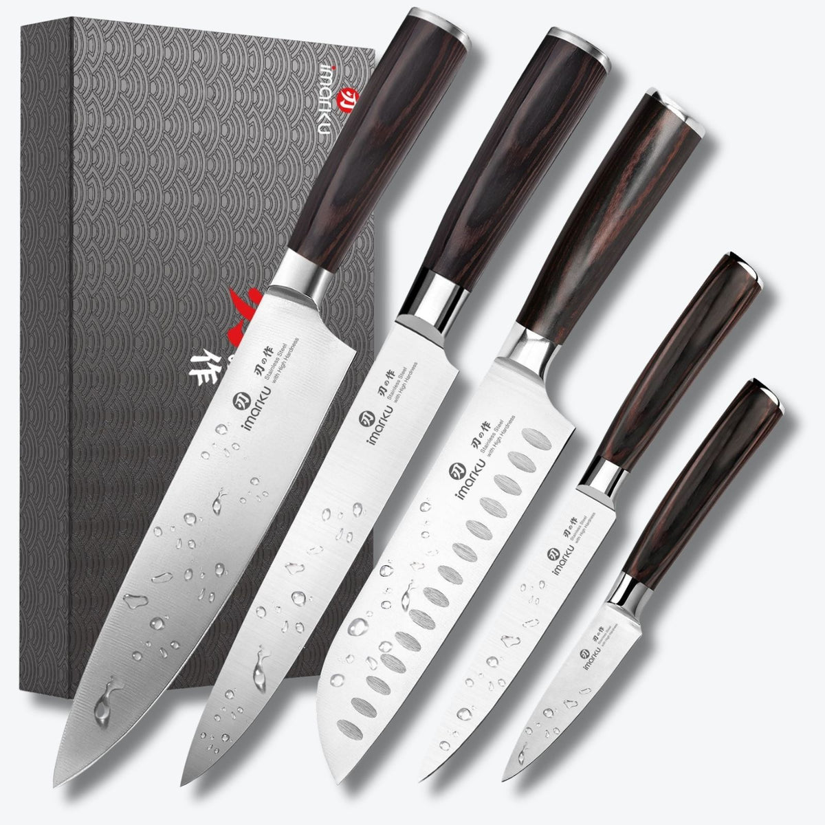 imarku 5-Piece Japanese Kitchen Knife Set, Chef, Santoku, Slicing, Utility & Paring Knives with Giftbox