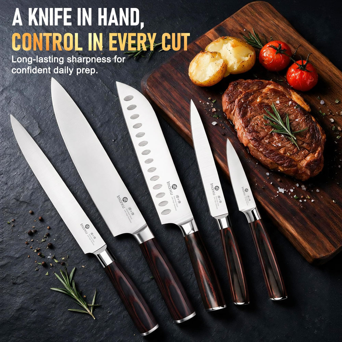 imarku 5-Piece Japanese Kitchen Knife Set, Chef, Santoku, Slicing, Utility & Paring Knives with Giftbox