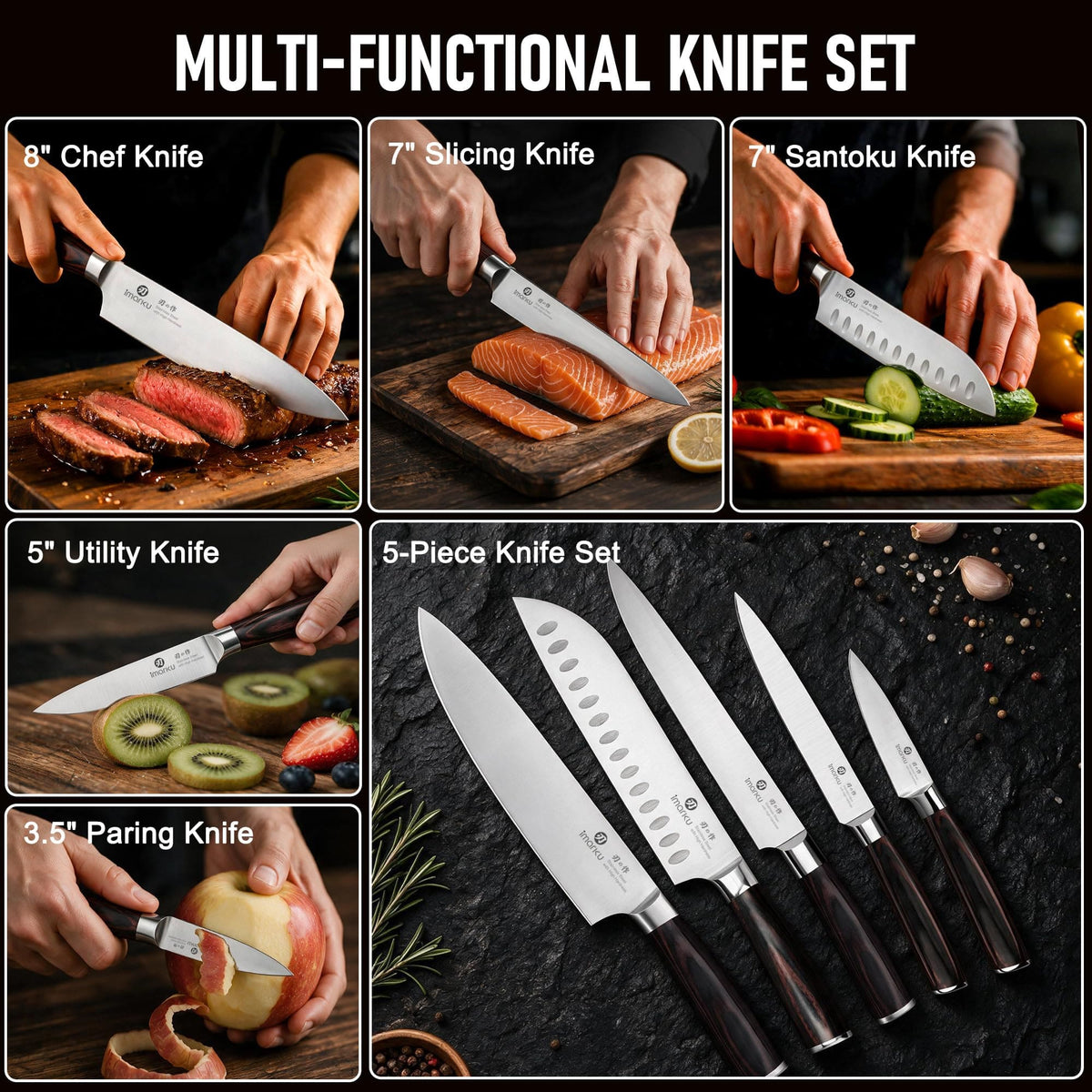 imarku 5-Piece Japanese Kitchen Knife Set, Chef, Santoku, Slicing, Utility & Paring Knives with Giftbox