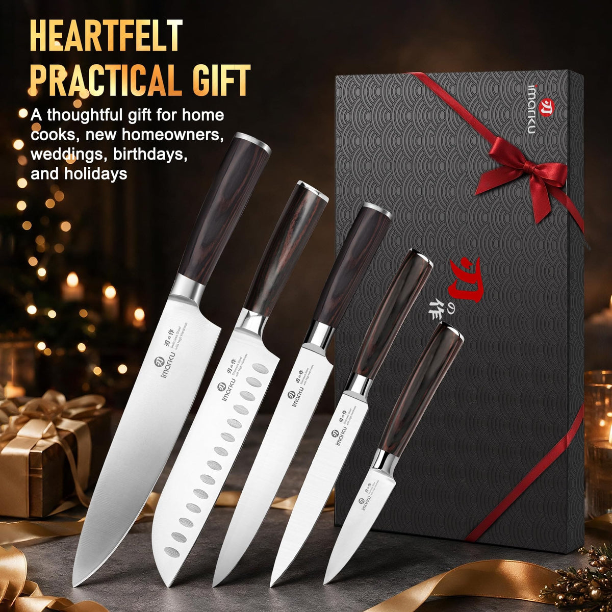 imarku 5-Piece Japanese Kitchen Knife Set, Chef, Santoku, Slicing, Utility & Paring Knives with Giftbox