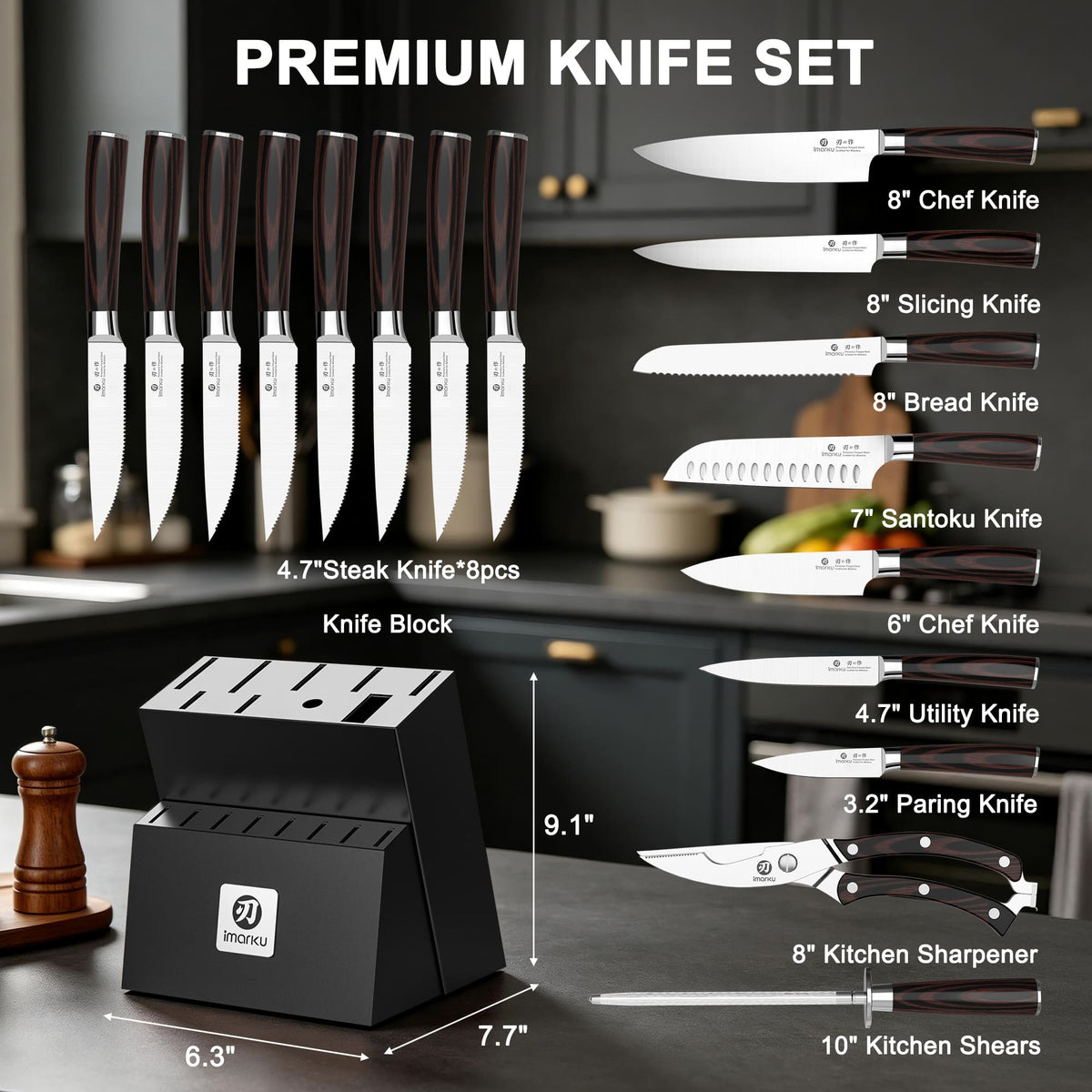 18-Piece Santoku Kitchen Knife Set with Stainless Steel Block