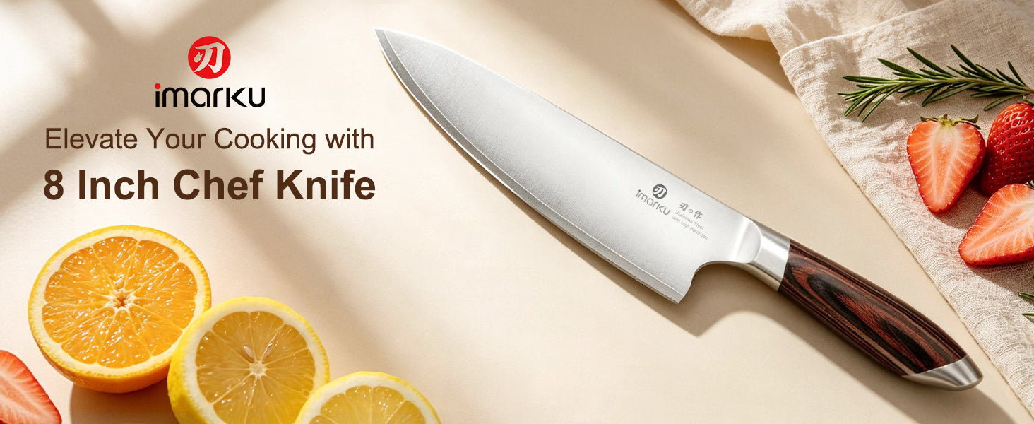 Imarku 8 inch chef knife with fresh citrus fruits and strawberries