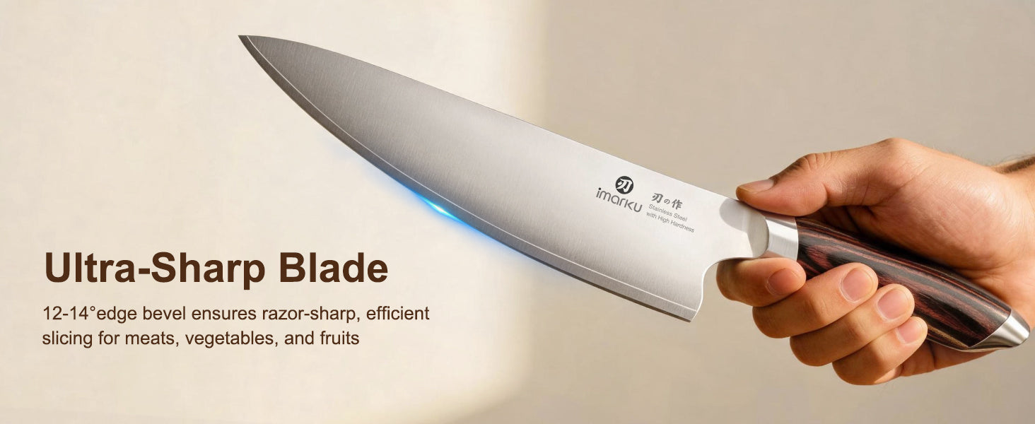 Hand holding Imarku chef knife, ultra-sharp 12-14 degree blade edge