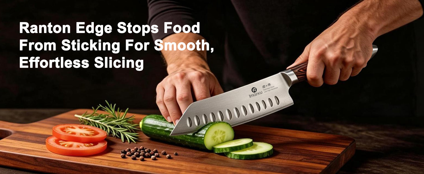 Imarku santoku knife slicing cucumber, granton edge non-stick blade