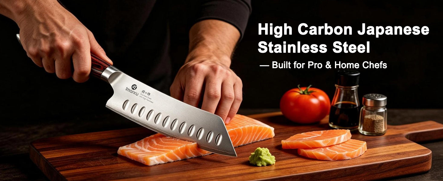 Imarku high carbon steel santoku cutting salmon fillet