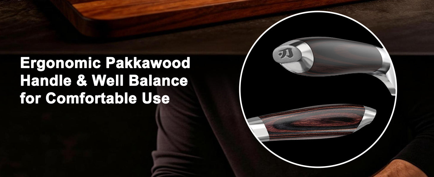 Ergonomic pakkawood handle closeup for Imarku kitchen knife
