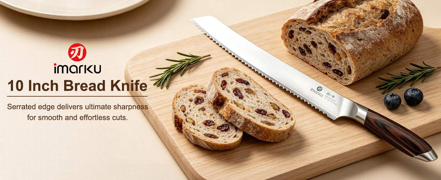 Imarku 10 inch serrated bread knife with raisin sourdough bread on wooden board
