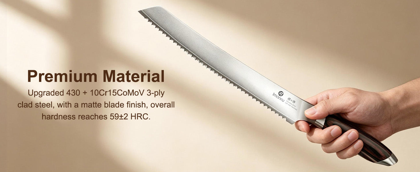 Hand gripping Imarku bread knife, 3-ply clad high hardness serrated steel blade