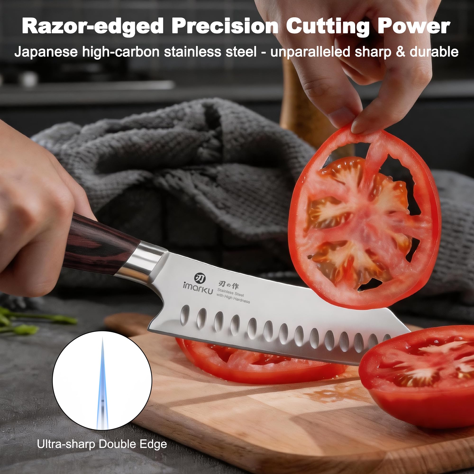 Santoku Knife 7 Inch High Carbon Stainless Steel Hollow Edge Kitchen Knife