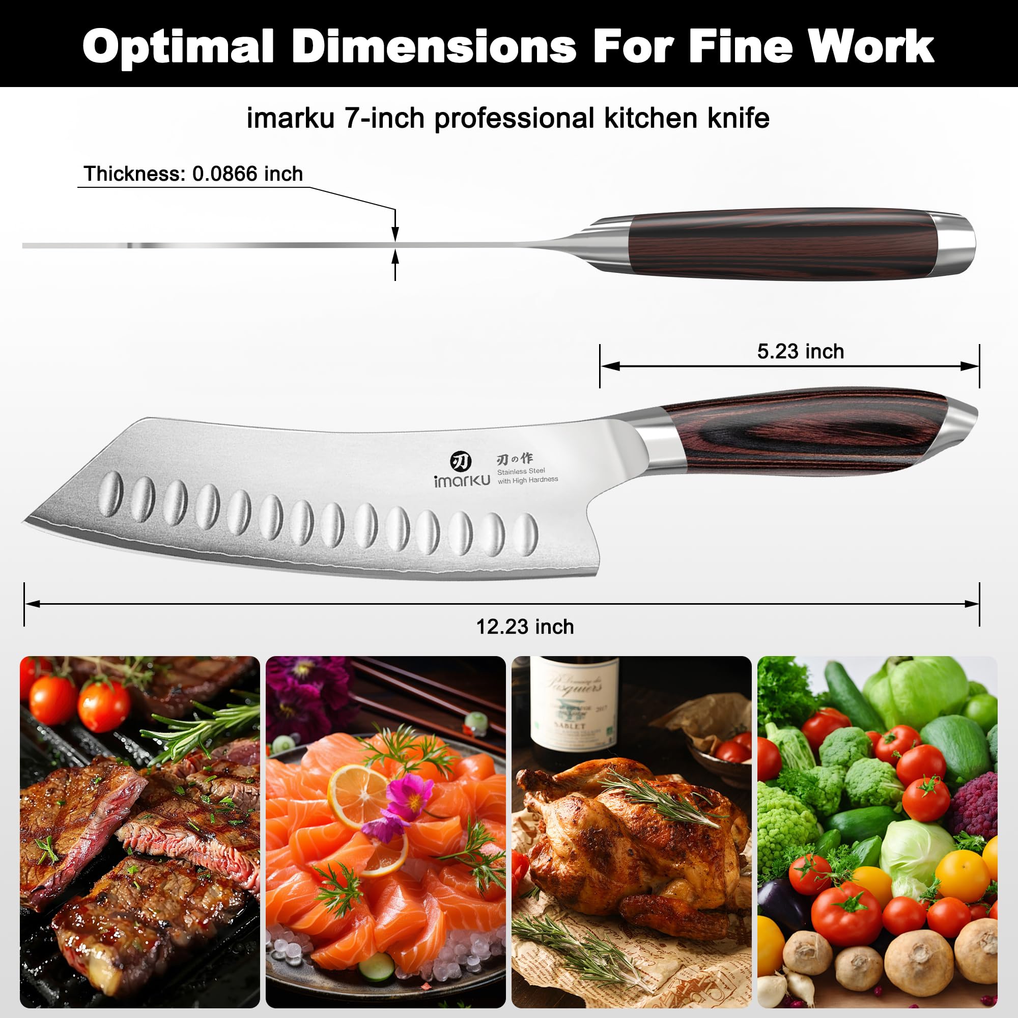 Santoku Knife 7 Inch High Carbon Stainless Steel Hollow Edge Kitchen Knife