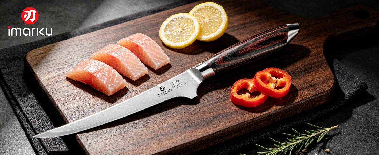 Imarku boning knife with salmon fillets on wood board
