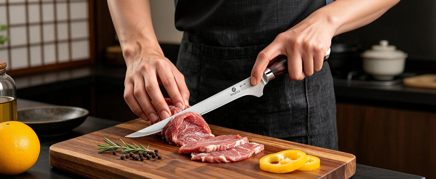 Chef slicing beef with Imarku sharp boning knife