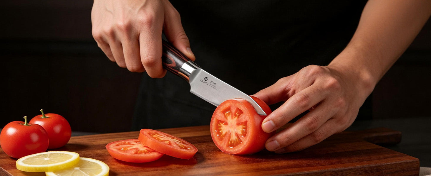 Hand slicing tomato with Imarku sharp kitchen utility knife