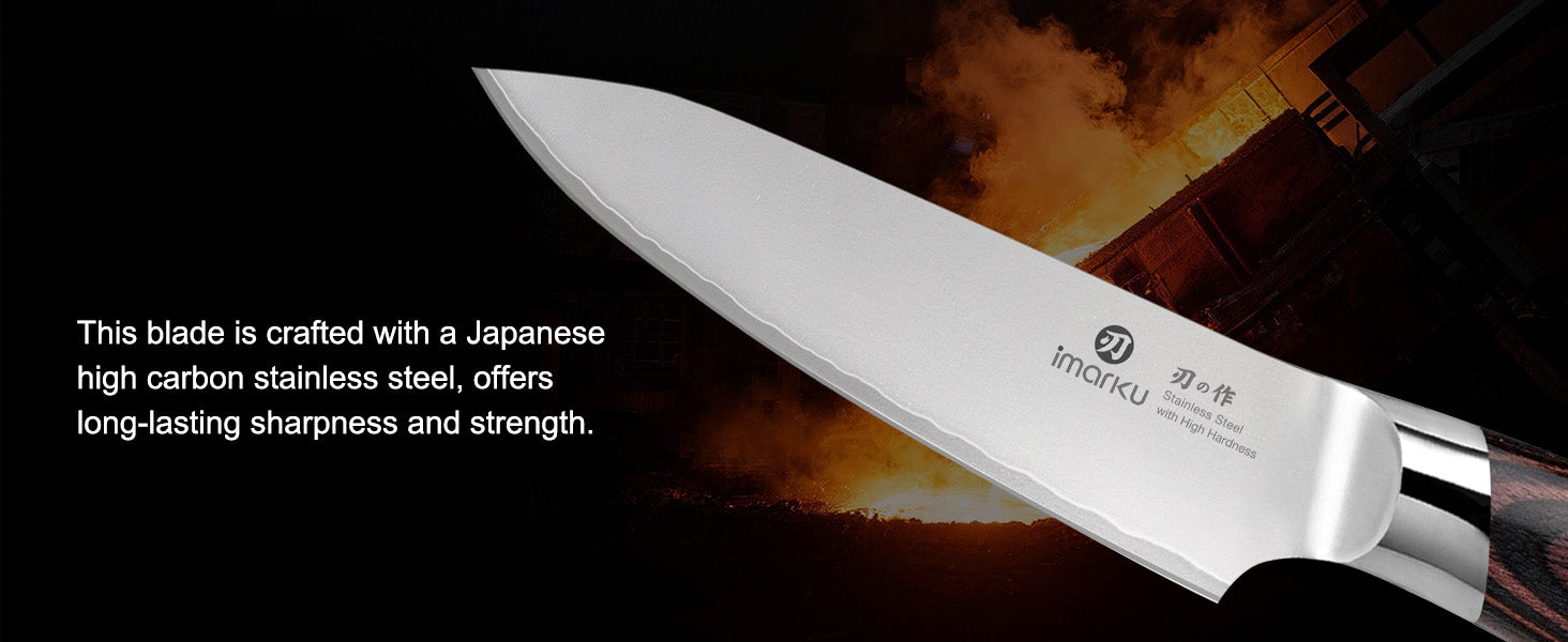 Imarku knife blade closeup, Japanese high carbon stainless steel kitchen knife