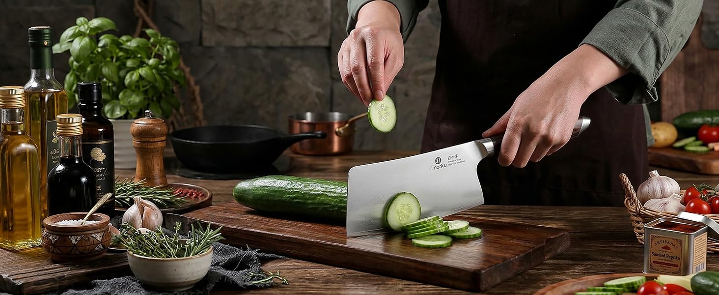Imarku cleaver slicing cucumber on wooden cutting board