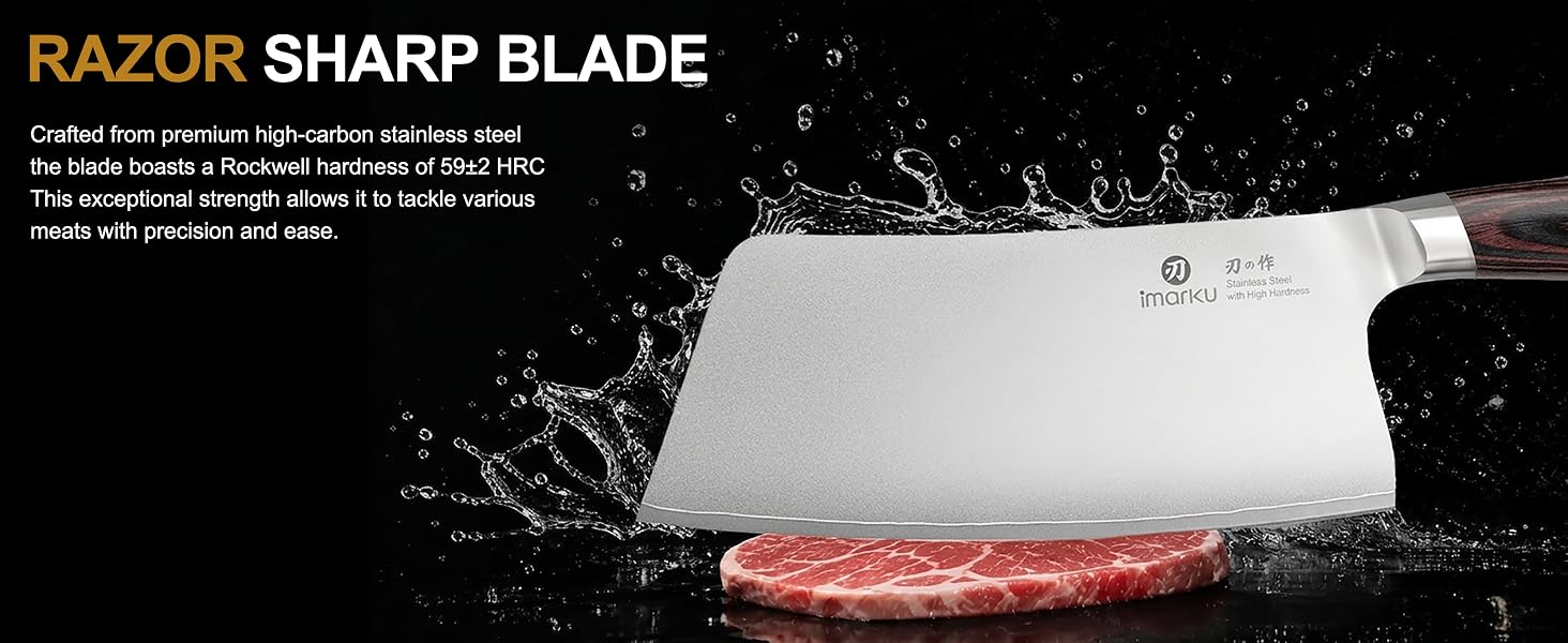 Razor sharp Imarku high-carbon steel cleaver on raw steak