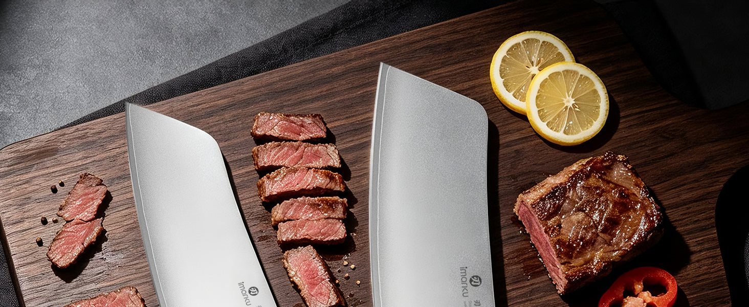 Razor sharp Imarku high-carbon steel cleaver on raw steak