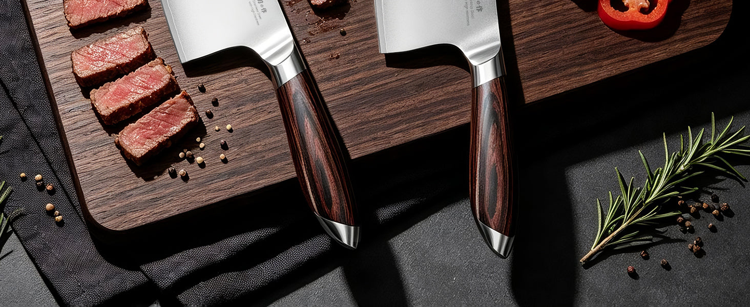 Pair of Imarku kitchen knives with polished pakka wood handles