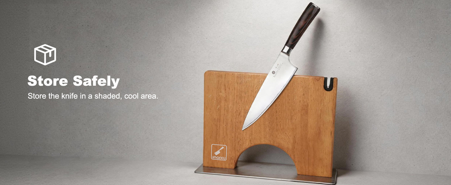 TS09-Imarku chef knife safely stored on wooden magnetic knife block