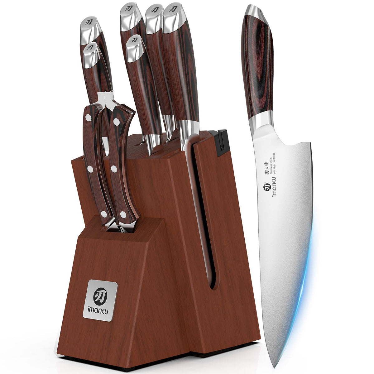 Imarku 8pcs Japanese kitchen knife set with wooden block, Pakkawood handle