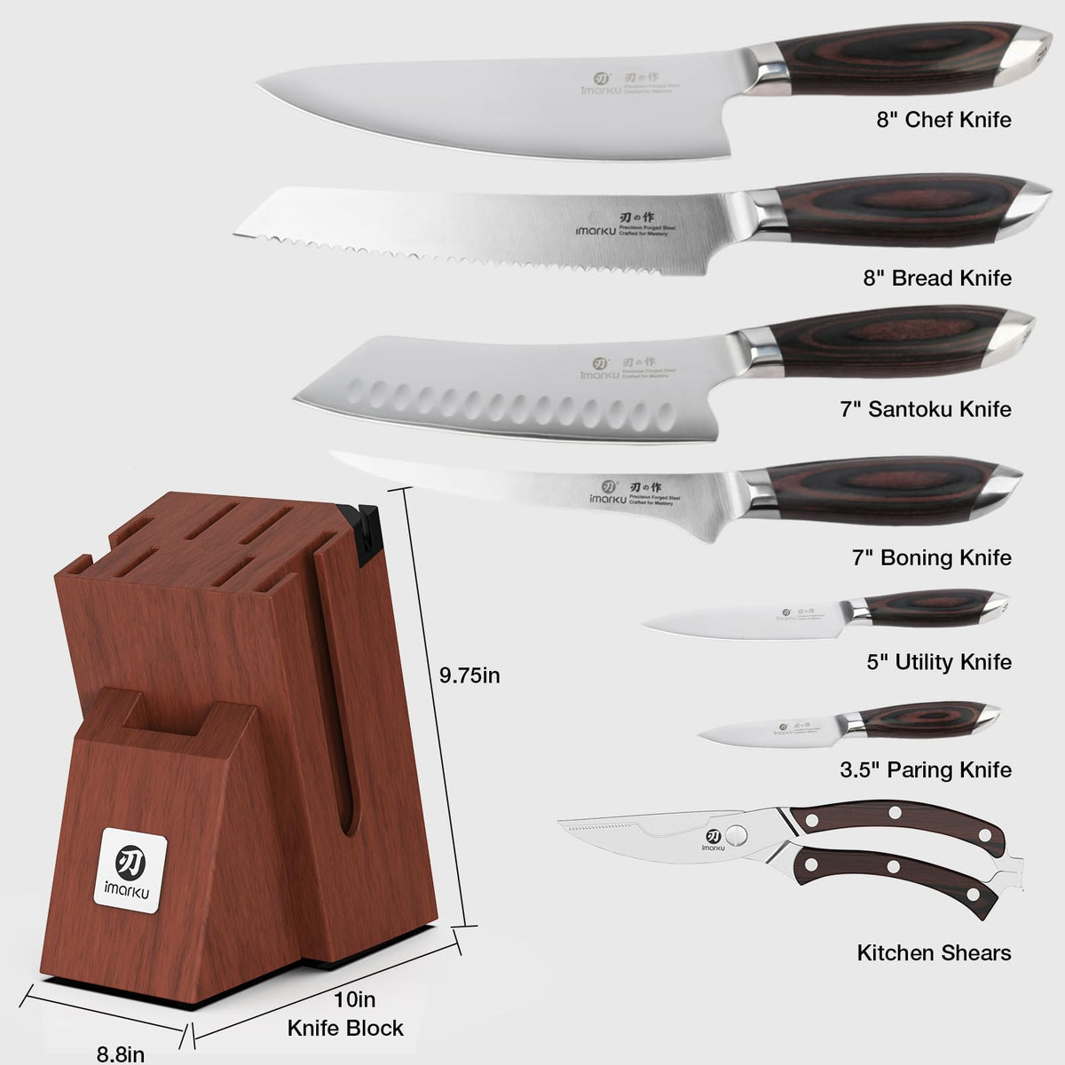 Imarku knife set specification chart, chef knife santoku boning paring knife with shears