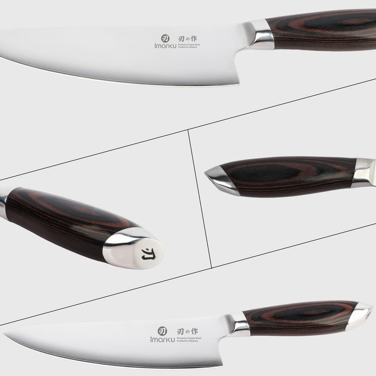 Imarku chef knife close-up, Pakkawood handle and polished stainless steel blade
