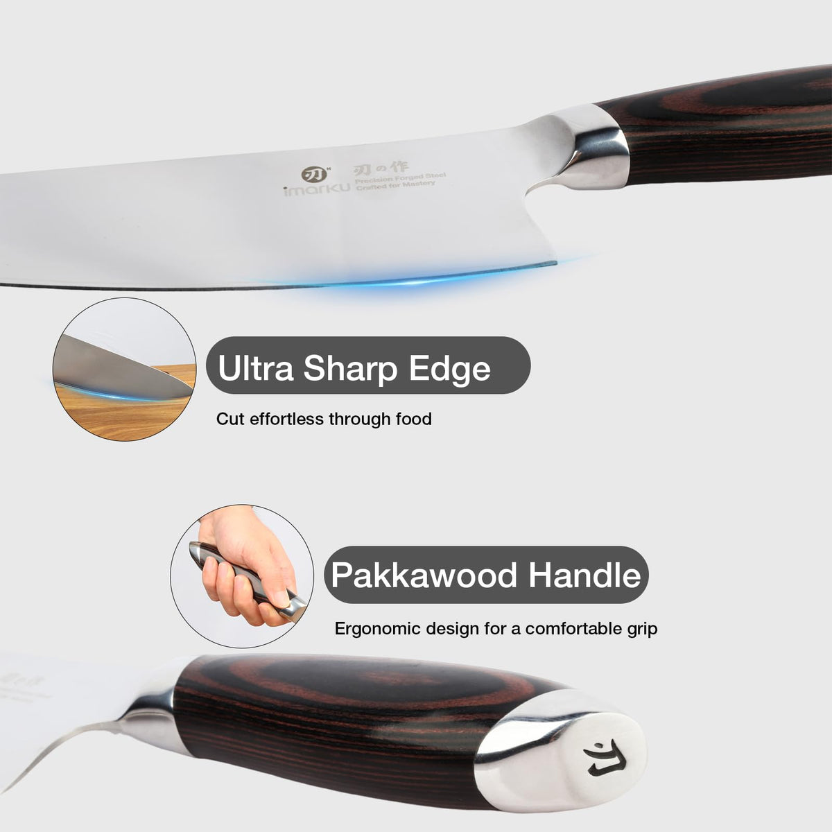 Imarku knife features, ultra sharp blade and ergonomic Pakkawood handle