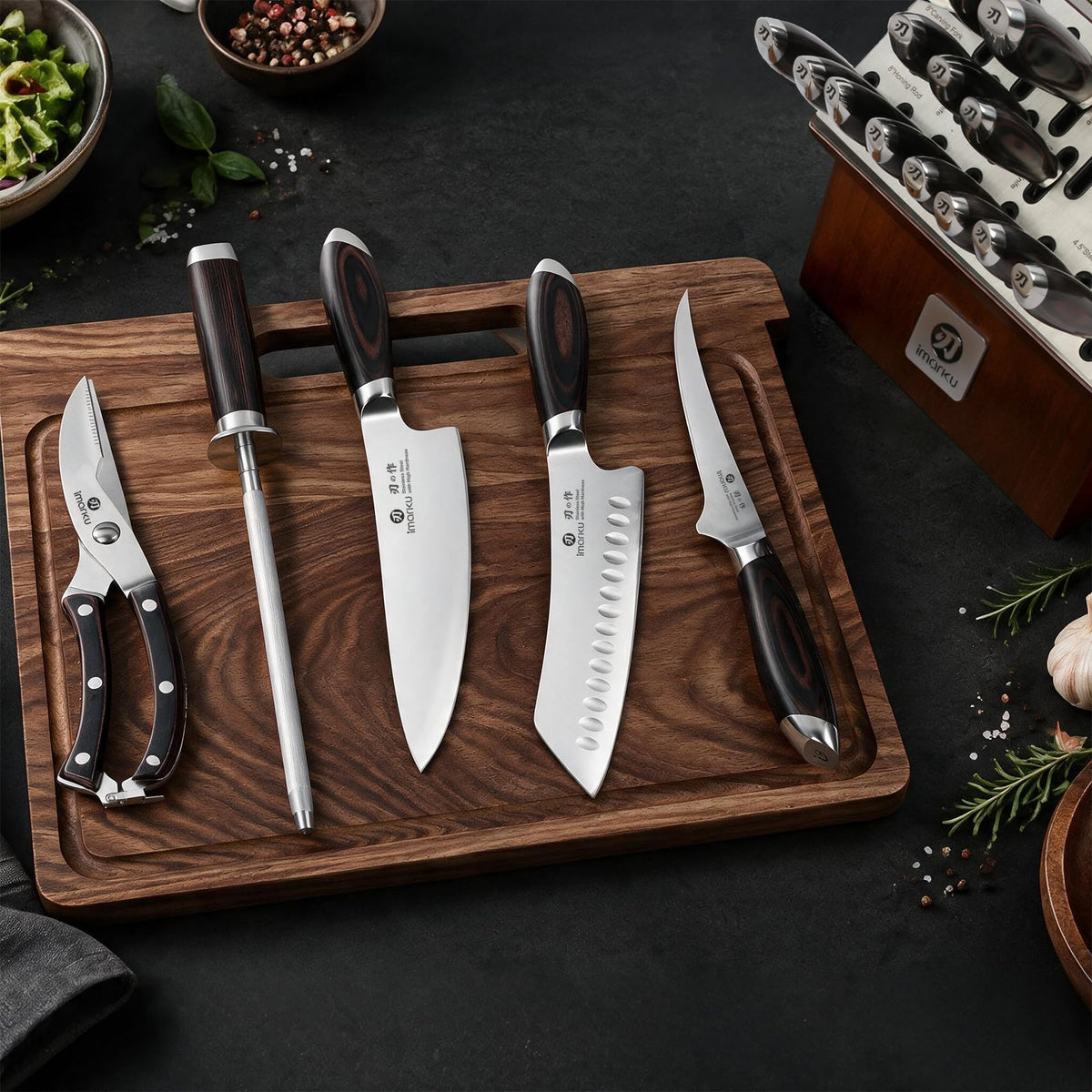 Imarku kitchen knives on wooden cutting board, chef santoku fillet knife and shears