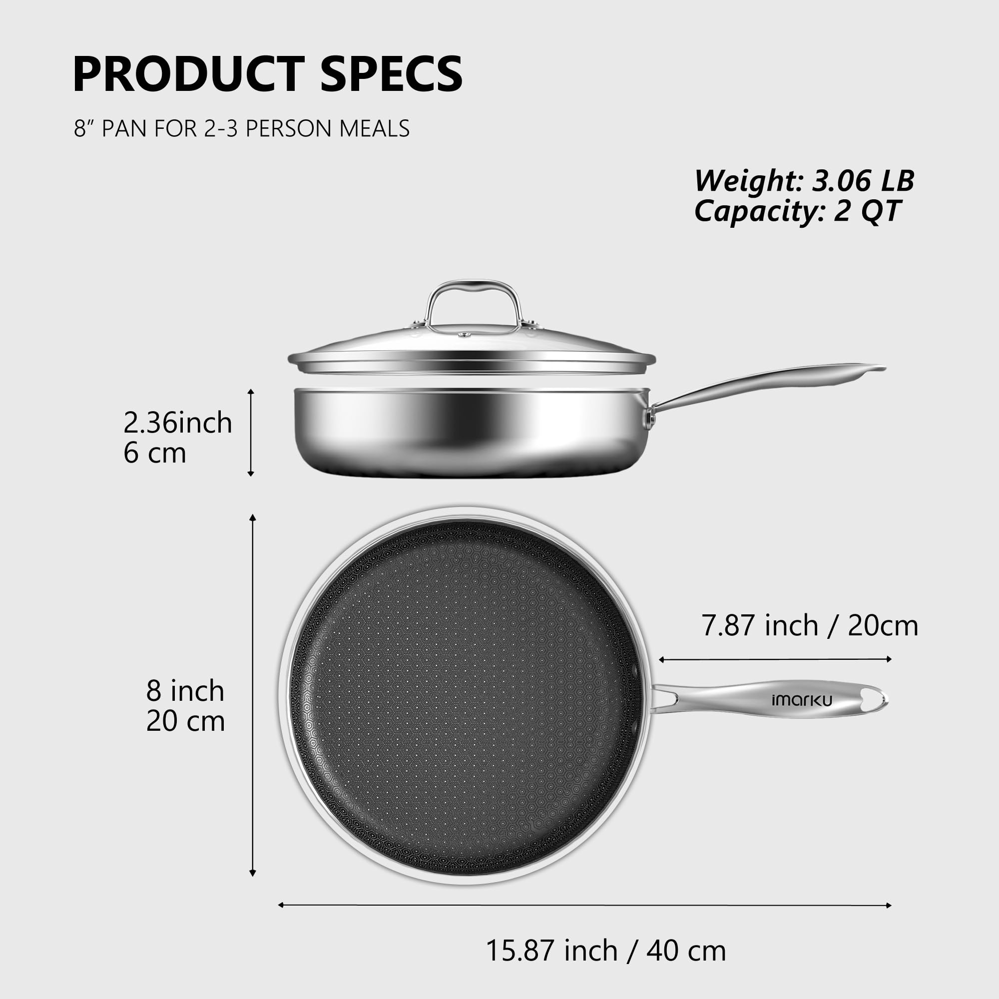 8"&12" Stainless Steel Cookware PFOA Free Non-Stick Pan with Lid for Induction