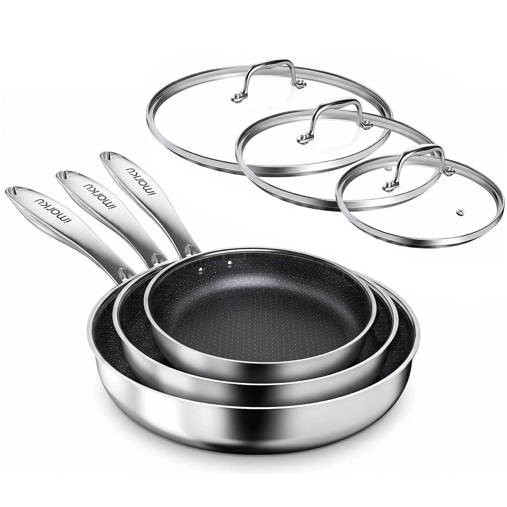 8", 10"&12" Stainless Steel Cookware PFOA Free Non-Stick Pan with Lid for Induction