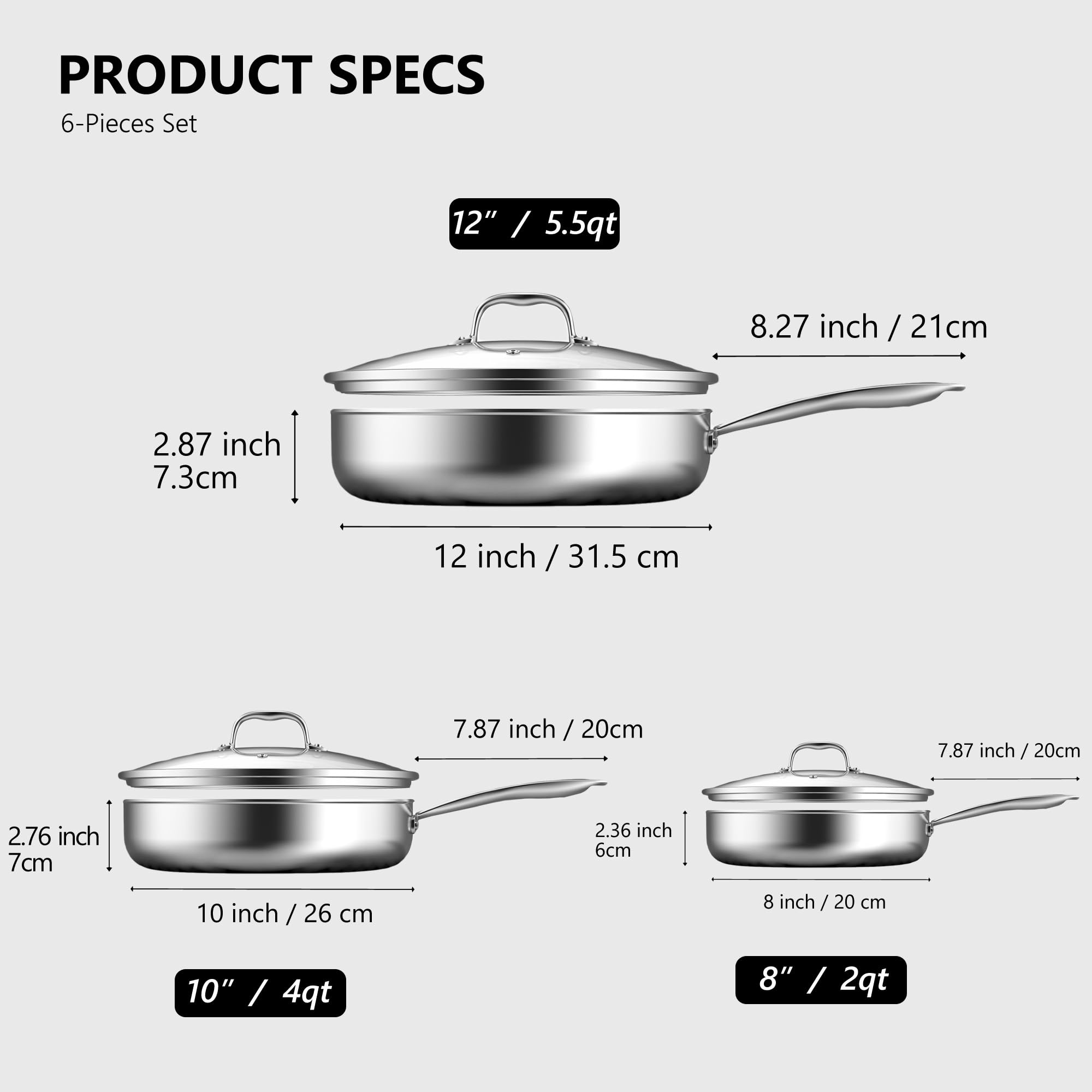 8", 10"&12" Stainless Steel Cookware PFOA Free Non-Stick Pan with Lid for Induction