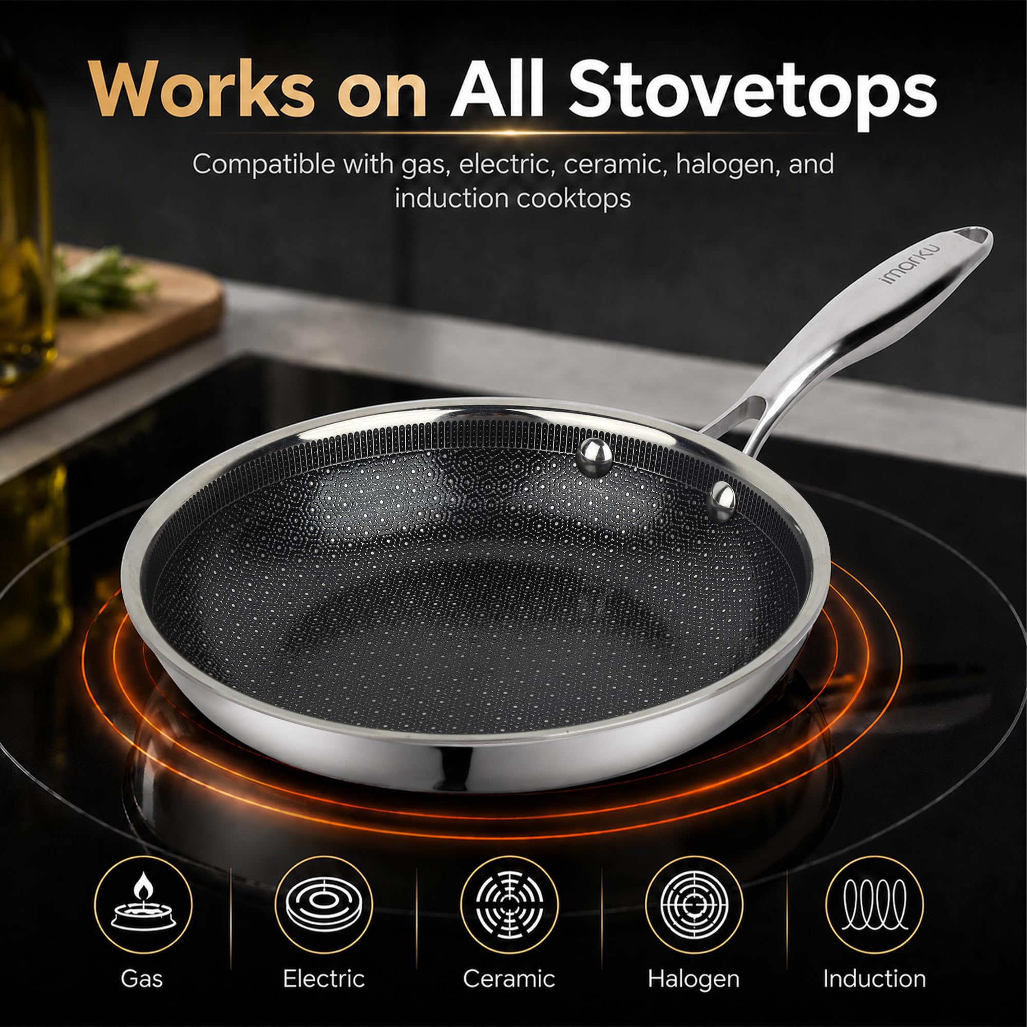 Hybrid Stainless Steel Non Stick Frying Pan 8" 10“ & 12" with Honeycomb Ceramic Surface