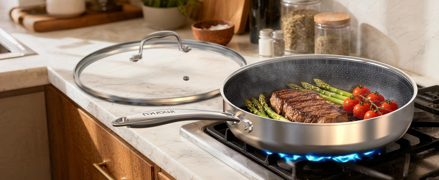 Imarku non-stick pan cooking steak on gas stove