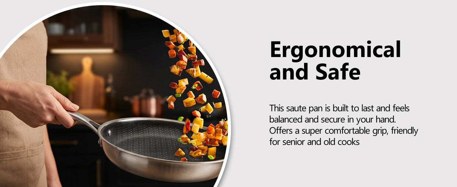 Imarku tri-ply stainless steel saute pan with ergonomic handle stir frying veggies