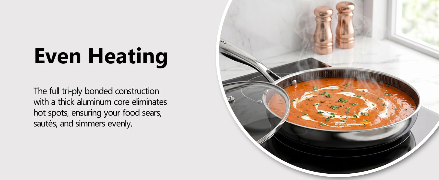 Tri-ply Imarku saute pan with aluminum core for even heating simmering soup