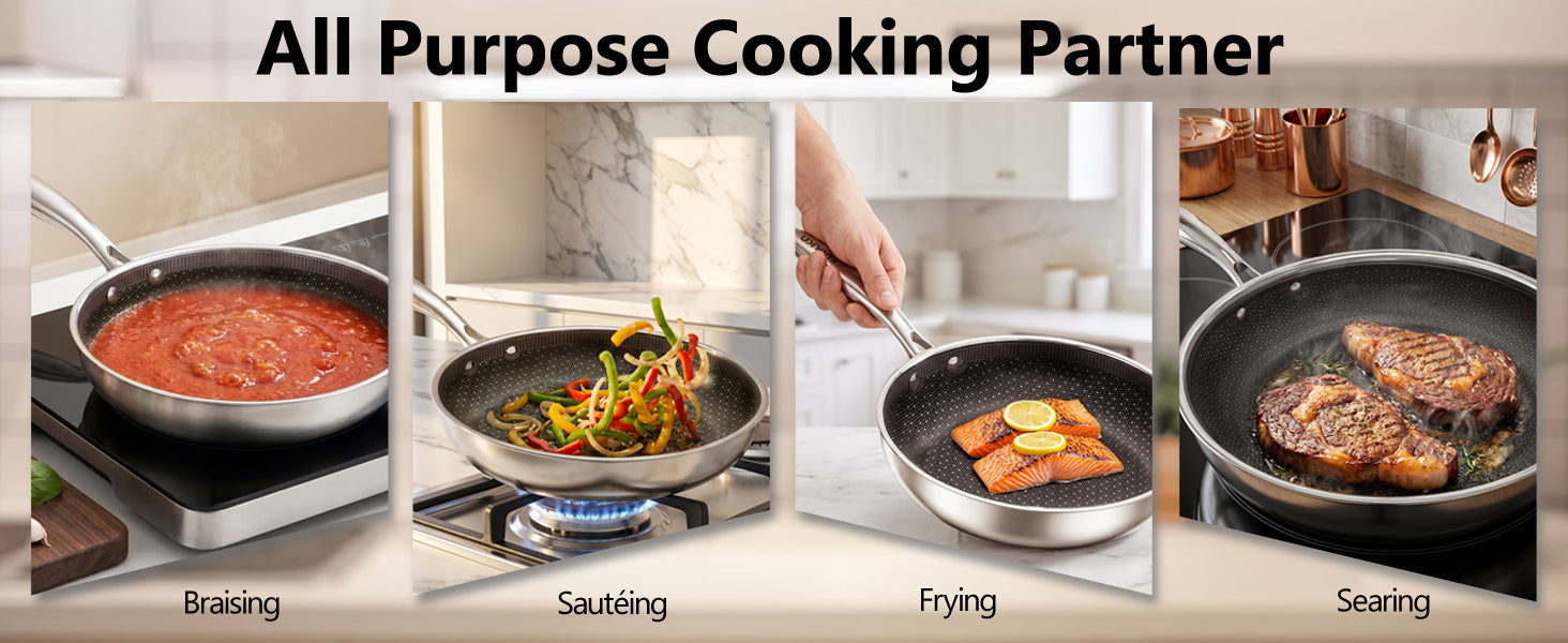 Versatile Imarku stainless steel pan for braising, sauteing, frying, searing steak & salmon