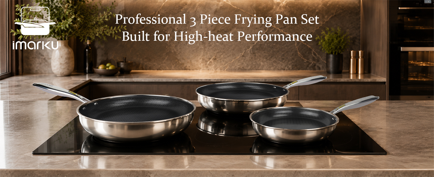 Imarku 3-piece stainless steel frying pan set on induction cooktop modern kitchen