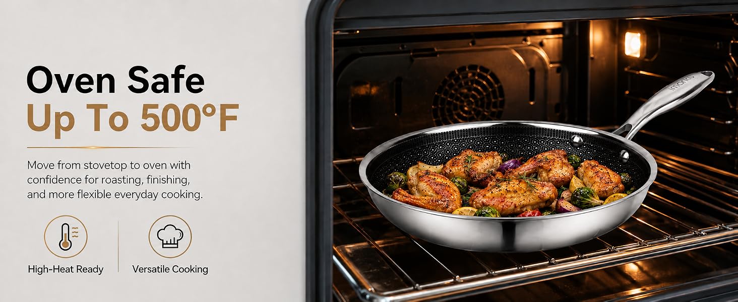 Imarku stainless steel skillet oven safe up to 500°F for roasting chicken
