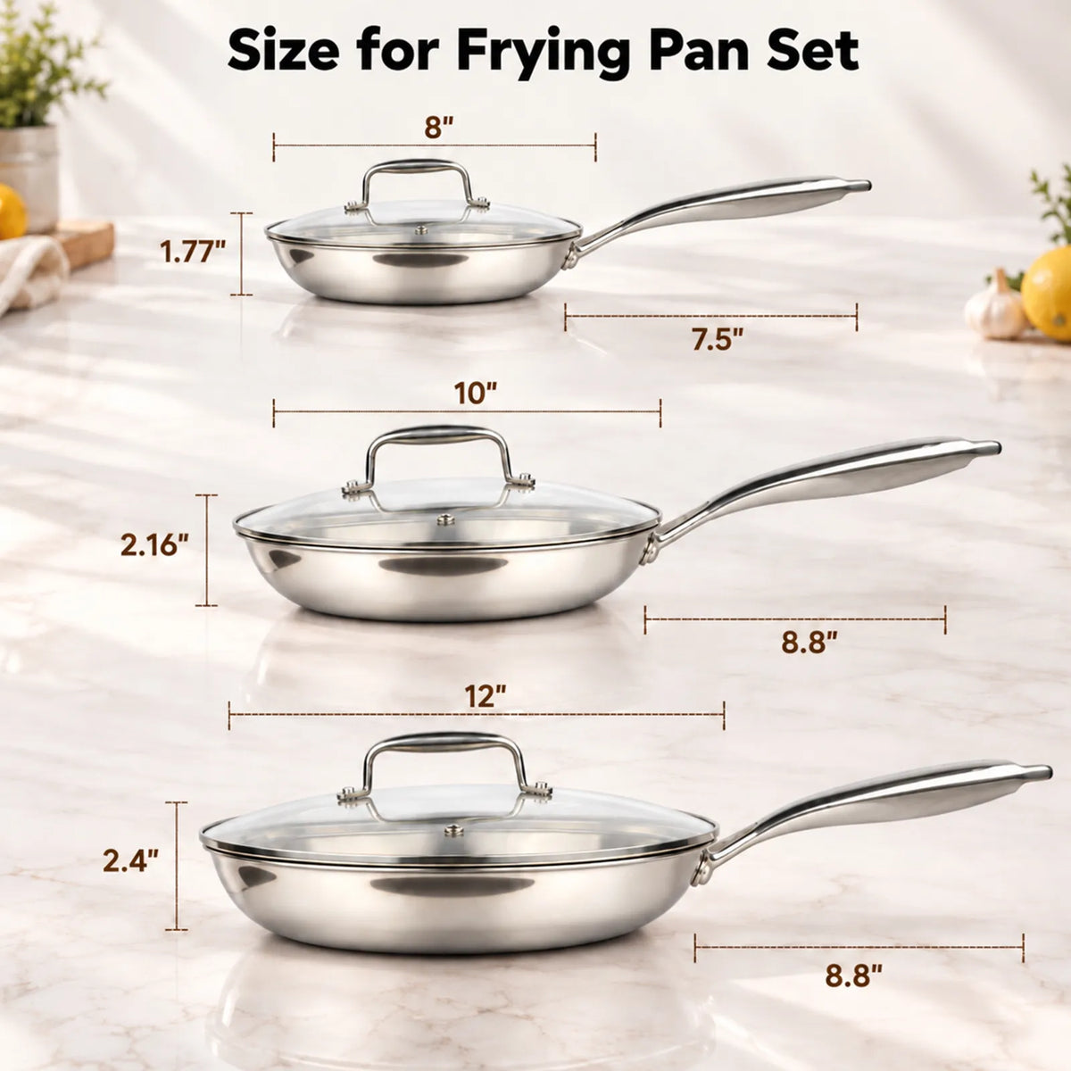 3 PC Titanium Nonstick Tri-Ply Frying Pan with Lids, 8, 10 & 12 Inch